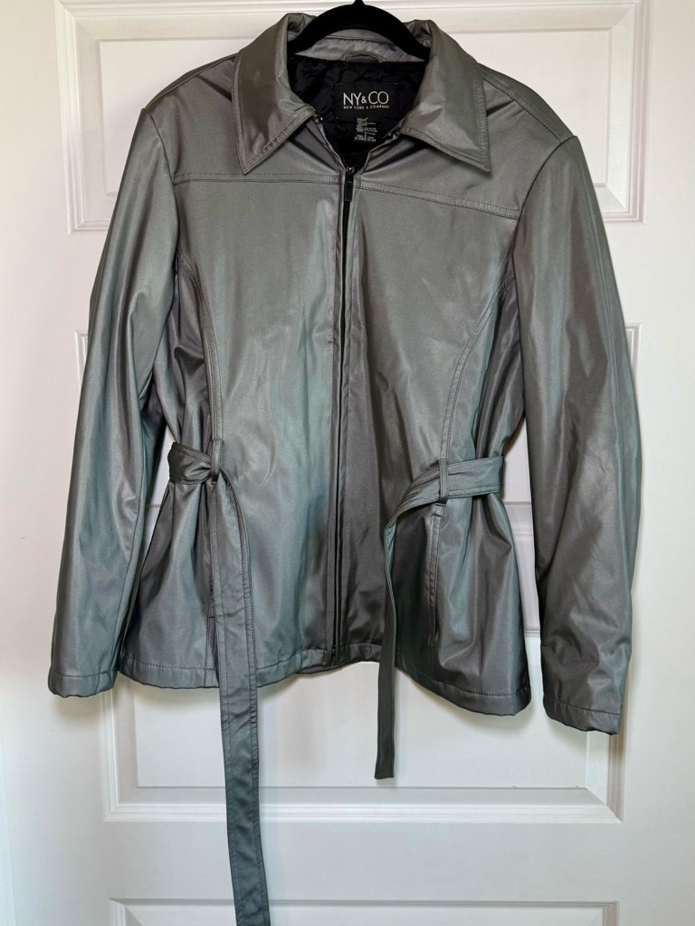 NY & Co Gray Faux Leather Jacket with Waist Tie